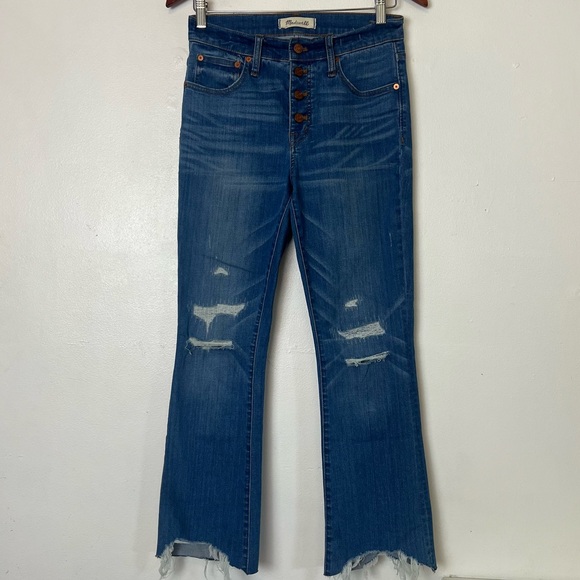 Madewell Cali Demi Boot Cut High Waisted Button Fly Distressed Jeans. - Picture 4 of 9